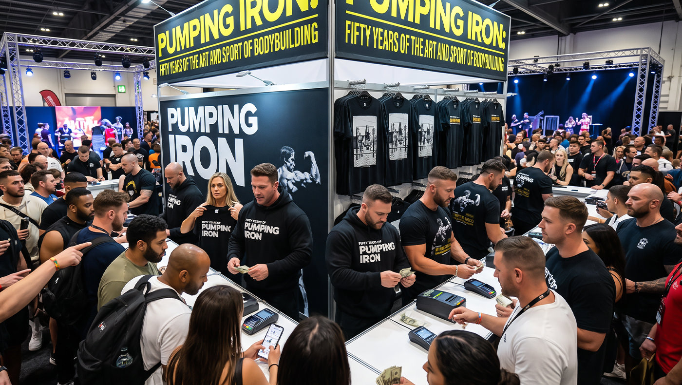 Limited-edition Pumping Iron 50th anniversary merchandise on display