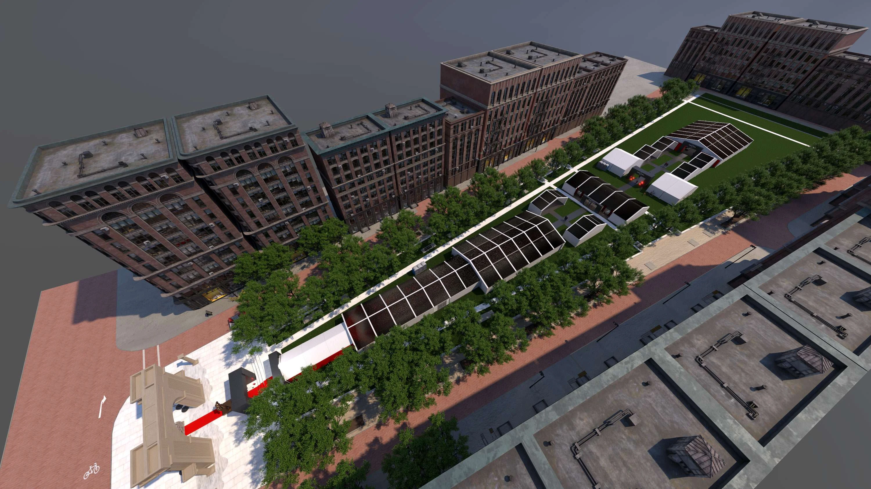 Aerial view of the Arnold at the Arch activation, the Union Station Arch entry leading down the McFerson Commons corridor past the tent structures to the gym hall