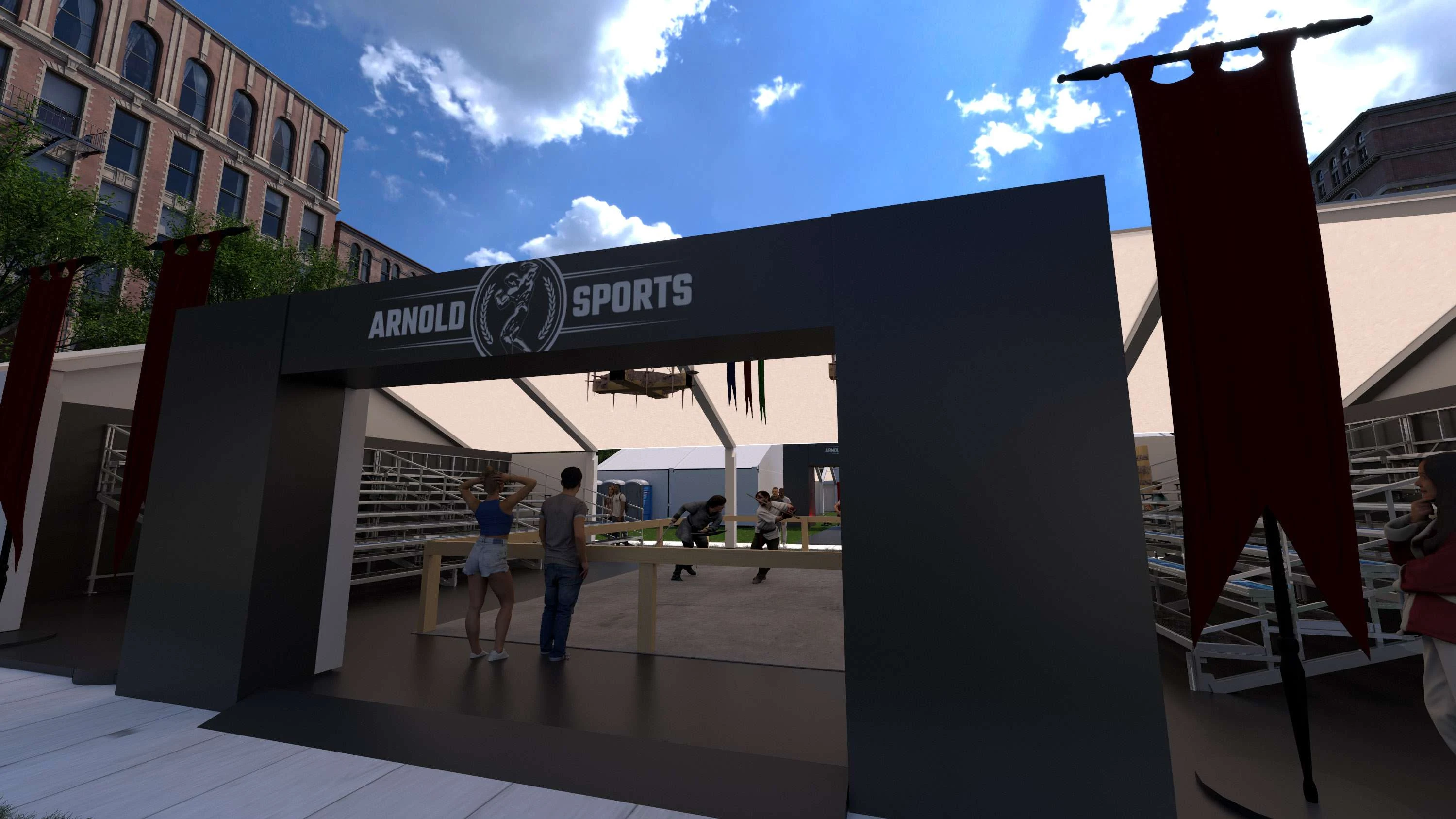 Gateway into the strongman training arena, bleacher seating and banners