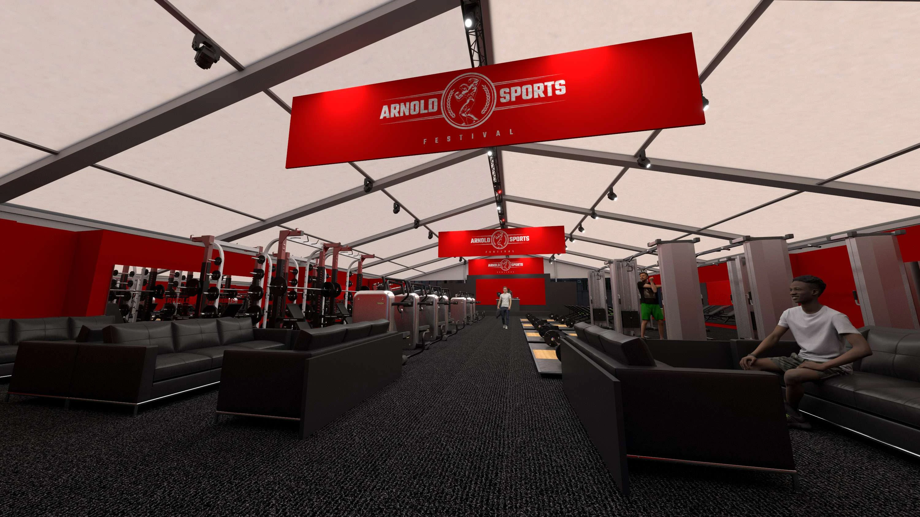Gym tent interior rendering, training floor and lounge seating