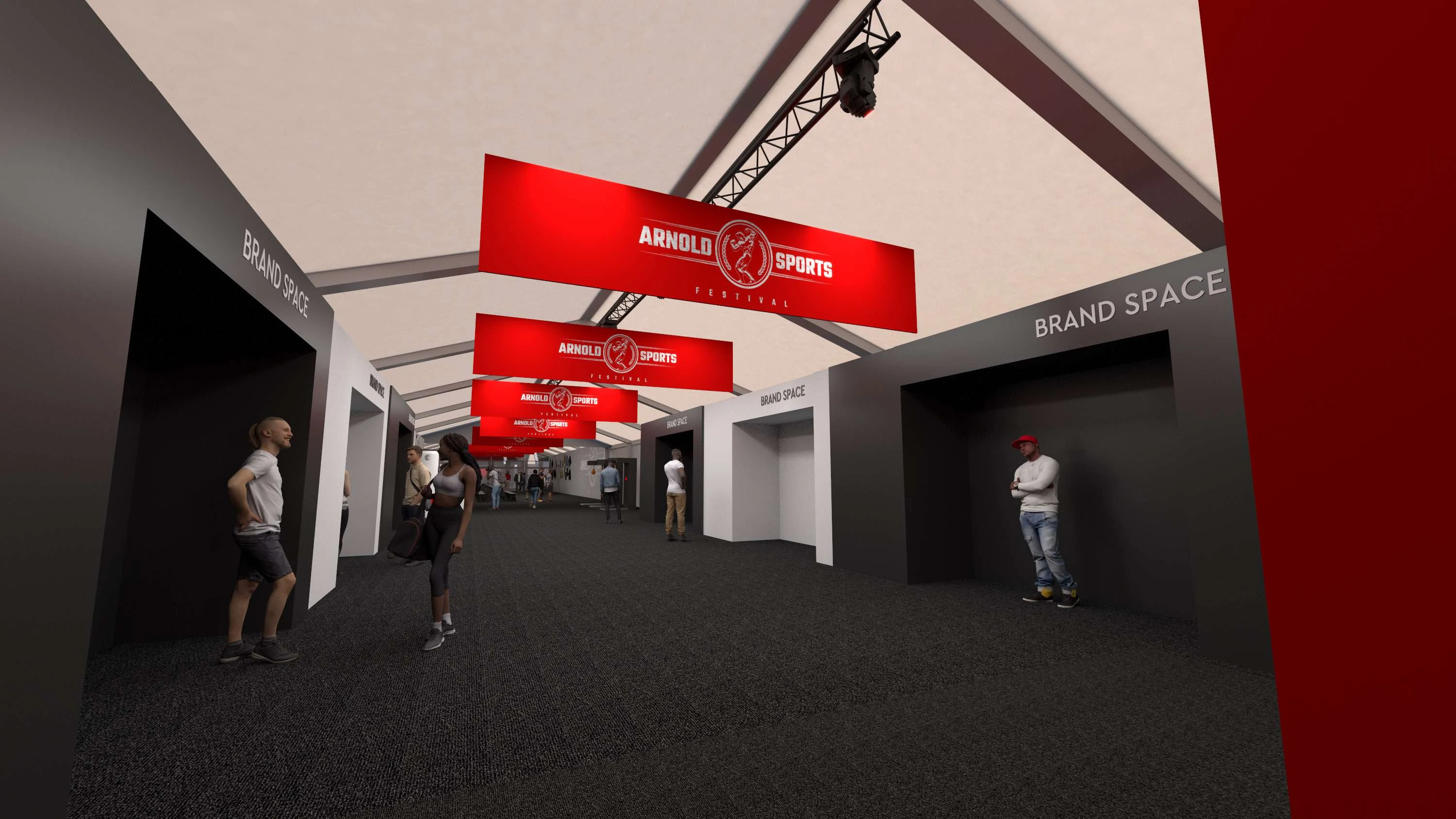 Welcome tent interior rendering, brand space corridor with sponsor bays