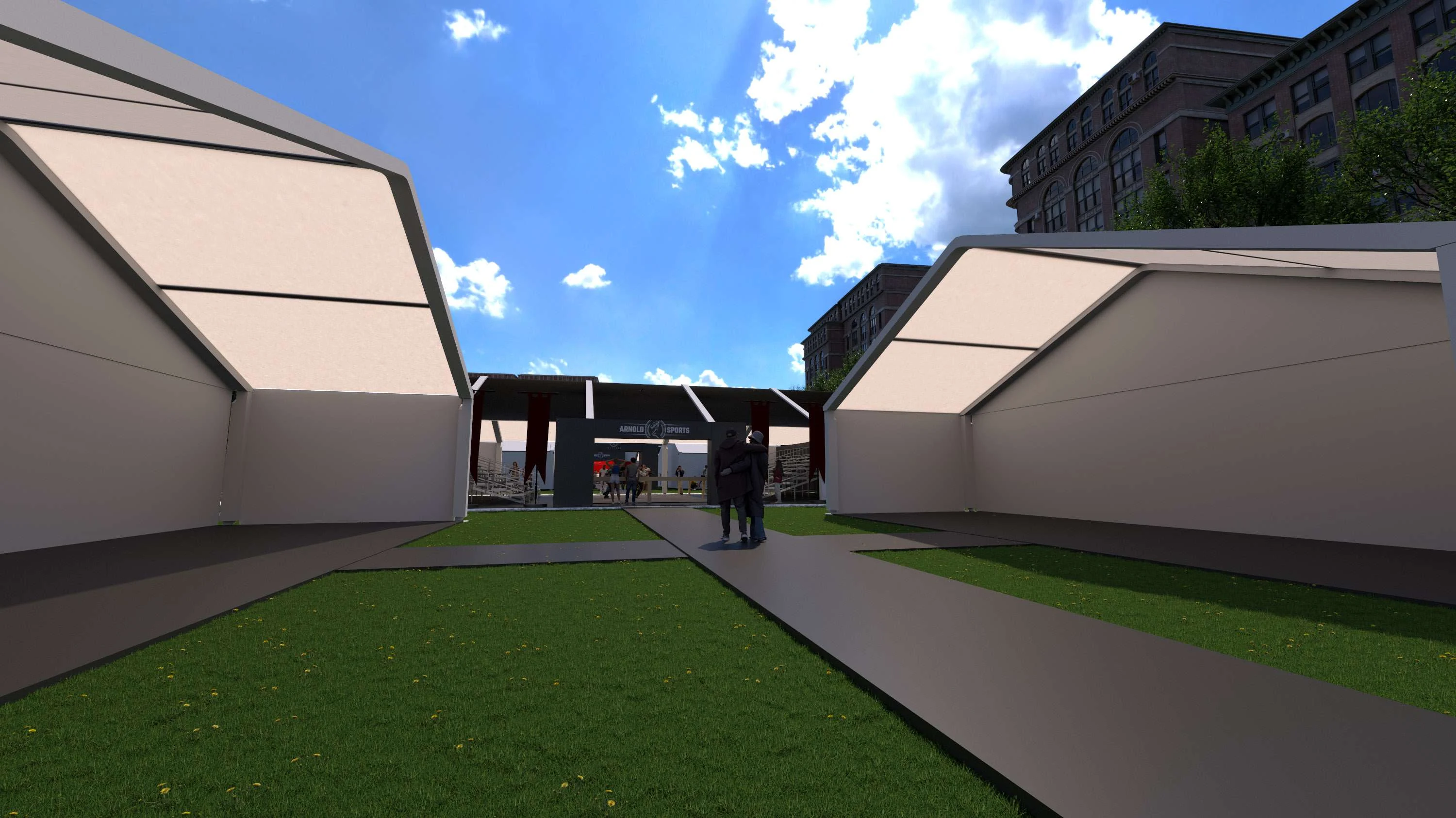 Ground level view down the green between the tent structures