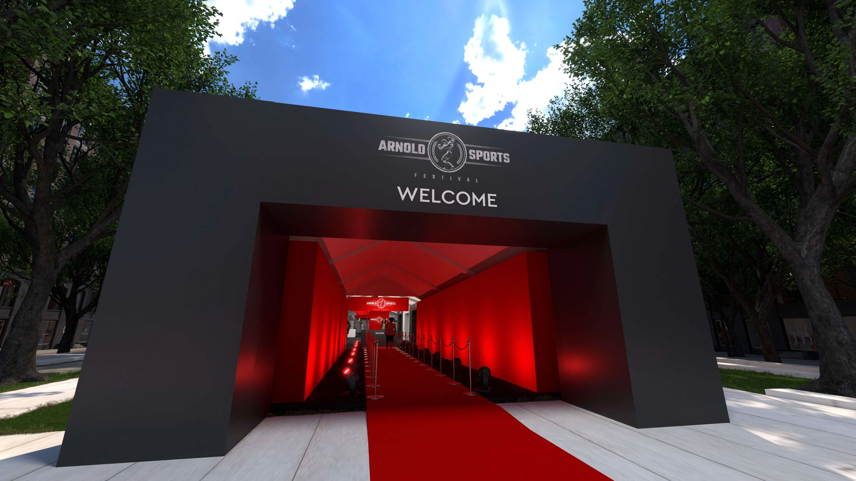Red carpet welcome entrance under the Arnold Sports Festival arch