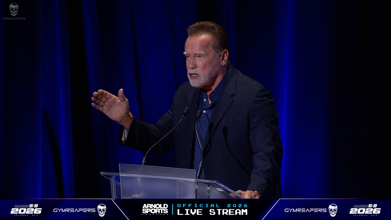 Arnold Schwarzenegger addresses the official livestream audience