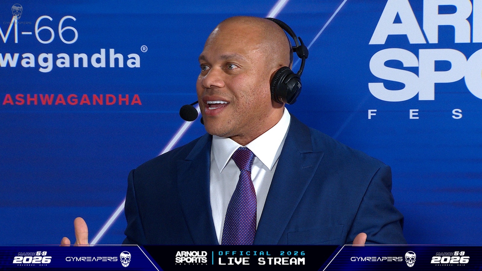 Arnold Sports Festival livestream commentator wearing a broadcast headset